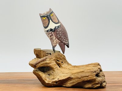鴞雅軒 貓頭鷹擺飾木雕像 (漂流木底座) 木作手工藝品 美國進口