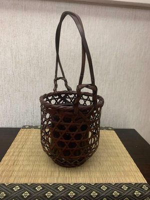 zwx 日本 漆器 老竹編 煤竹 花器 花籠 花瓶 擺件 茶臺道具
