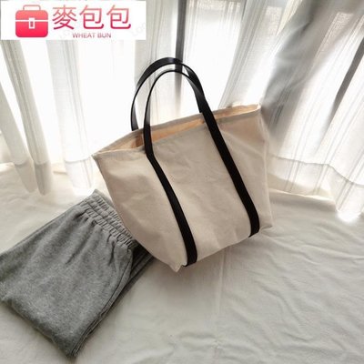 韓國ins新款拼接大容量帆布包 簡約托特包 復古手提包 環保袋 帆布袋 購物袋 簡約挎包 女生包包--麥包包