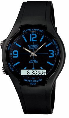 CASIO WATCH 都會個性型男雙顯錶(型號：AW-90H-2BVDF)黑面盤藍字