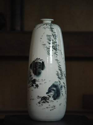 「上層窯」鶯歌製造 洪漢榮作品 水牛 彩繪花瓶 瓷器 A1-24