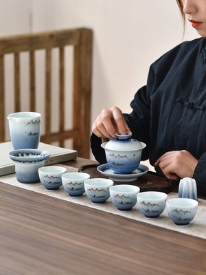 【熱賣精選】功夫茶具套裝禮盒家用手繪景德鎮陶瓷三才蓋碗茶杯漸變窯變釉茶器