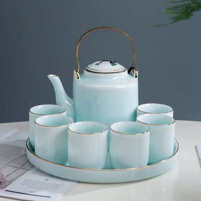 功夫茶具套裝 家用大容量青瓷 提梁壺泡茶杯茶盤客廳陶瓷托盤茶壺