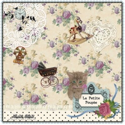 Ariel's Wish-小貓咪木馬蕾絲La Petite Poupee玫瑰花園手帕方巾小毛巾擦手巾--日本製--紫色1