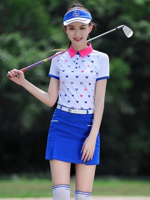 特賣-MG夏季新品高爾夫球衣服女套裝短袖印花上衣運動休閑藍色短裙子褲