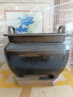 x日本回流銅器茶道具銅火缽方形火缽 火入 爐 嵌銀絲 老銅器