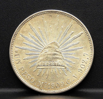 J044-9【周日結標】1909年 墨西哥 墨西哥鷹洋1披索銀幣=1枚 =重約27g