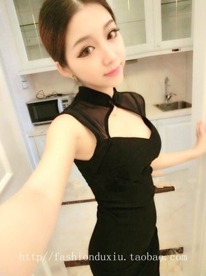 【 Angela ViVi 】韓版 中國風旗袍式胸前簍空網紗拼接顯瘦純黑色包臀洋裝 現貨+預購
