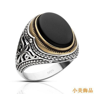 小美飾品真正的 925 純銀男士戒指,黑色天然瑪瑙石手工瑪瑙復古首飾簡約設計