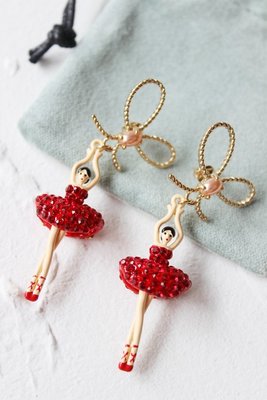 現貨熱銷-大牌潮款Les Nereides芭蕾舞女孩系列 鑲紅鉆蝴蝶結耳環耳釘夾式 法式優雅