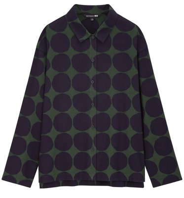 轉賣 marimekko x uniqlo 設計師聯名 石頭圓點法蘭絨襯衫上衣 綠色+黑色 S