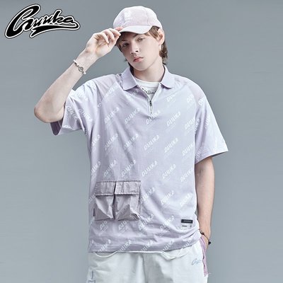 GUUKA撞色淺紫短袖T恤男潮牌夏季學生滿印刺繡運動polo衫半袖寬松