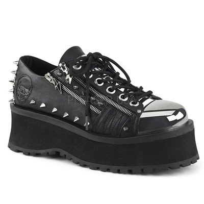 Shoes InStyle《二吋》美國品牌 DEMONIA 原廠正品龐克歌德骷髏鉚釘金屬鍍鉻鞋頭厚底鞋 有大尺碼『黑色』