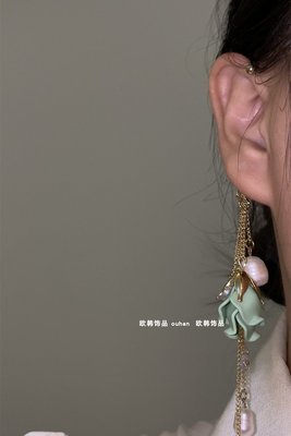 「由畫而生」絕美耳掛夾女式無耳洞高級感夸張長款流蘇綠色花朵耳環耳飾歐韓