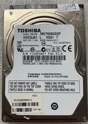 @淡水無國界@TOSHIBA 二手 故障硬碟 2.5 吋 硬碟 機械硬碟 750GB 硬碟 中古 已測試 編號: SS13