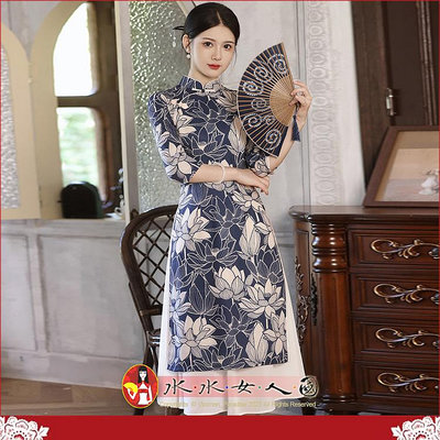 M-4XL加大 印花七分袖奧黛旗袍 復古中國風 經典改良式 時尚修身超顯瘦A擺日常中長連身裙洋裝～古韻傾城。藍荷。水水女人國