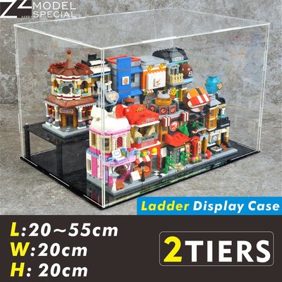 2層ZZ Hobbies 壓克力展示櫃帶可拆層梯，用於loz街景 公仔 手辦 積木模型收納展示-極巧