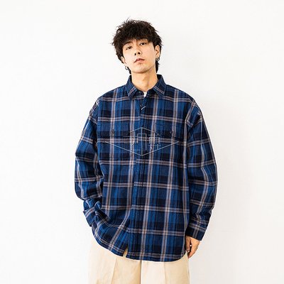 【現貨精選】100％原廠 BEAMS JAPAN REGUL SHIRT藍格子條紋紅繩日系長袖襯衫20AW