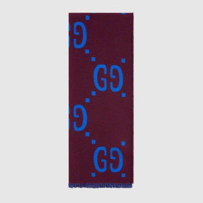 全新法國正品 GUCCI GG jacquard wool silk scarf 雙面羊毛 紫色 藍色 厚質 圍巾