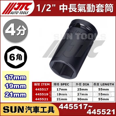 SUN汽車工具 JTC 445517 445519 445521 1/2" 中長 氣動套筒 17 19 21 mm 4分