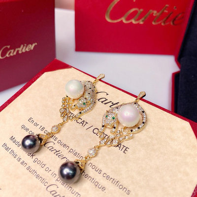 ，188065明星熱推款 Cartier卡地亞系列珠寶性感立體SOLEIL時尚滿鉆斑點豹圓環流蘇黑珍珠耳釘耳 NO20920