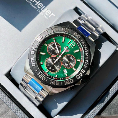 TAG HEUER Formula 1 綠色面錶盤 銀色不鏽鋼錶帶 石英 三眼計時 男士手錶 CAZ101AP.BA0842