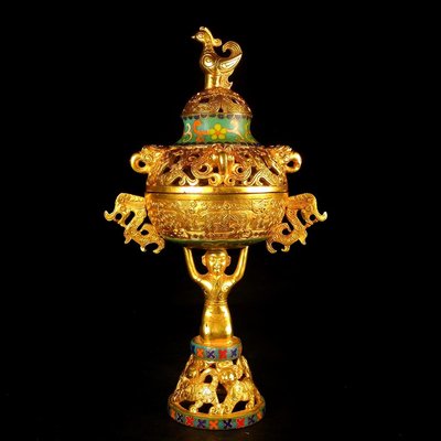 珍藏銅鎏金掐絲景泰藍熏爐，重量1215克，高度32cm，寬度18cm。��️10049508【厚道古玩】古玩 收藏 古董