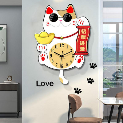 2024新款餐廳招財貓大氣鐘表掛鐘客廳裝飾創意表家用簡約掛墻時鐘