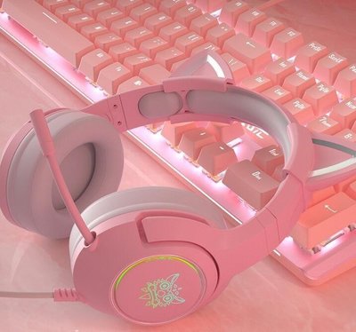 現貨熱銷-頭戴式耳機 粉色貓耳朵耳機頭戴式可愛少女電競7.1聲道遊戲吃雞直播電腦