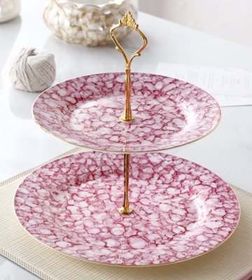 歐式 時尚浪漫粉色石紋雙層點心盤 蛋糕盤下午茶盤 陶瓷歐風擺盤 水果盤裝飾盤餐盤小物盤