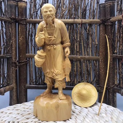 黃楊木【姜太公釣魚 愿者上鉤】木雕雕刻件 單人物高度21-8-6cm高