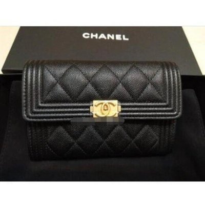 【二手】Chanel 香奈兒 黑色 羊皮 boy   復古 金釦 卡夾 零錢包 名片夾 釦式 A80603