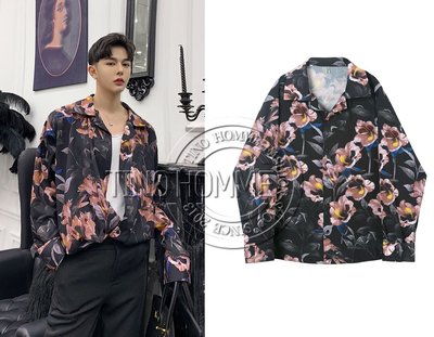 《TINO HOMME》2019春夏新款日韓版不規則剪裁OVERSIZE翻領花朵圖案滿版印花寬鬆長袖襯衫