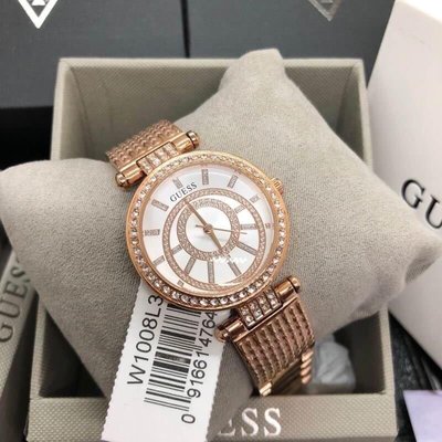 GUESS Muse 鑲水鑽 白色面錶盤 玫瑰金色不鏽鋼錶帶 石英 女士手錶 W1008L3
