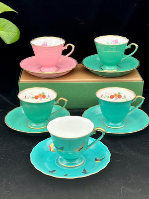 日本香蘭社咖啡杯 高腳咖啡杯 小菊花紋 粉色玫瑰花 綠色玫瑰