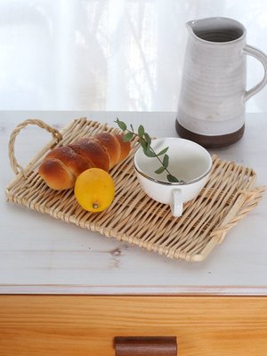 梵魚藤編托盤編織雙耳日式水果盤竹編面包籃早餐籃籃子野餐小吃盤*爆款