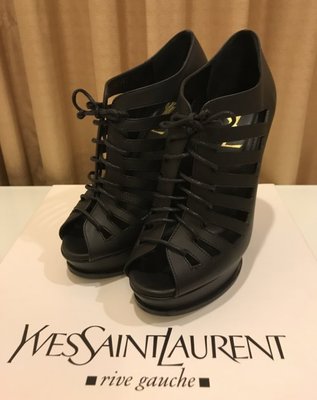 YSL Saint Laurent 性感黑色皮革簍空綁帶羅馬鞋 楔型鞋 厚底涼鞋 37.5