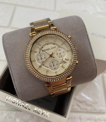 MICHAEL KORS Parker 晶鑽圈 金色不鏽鋼錶帶 石英 三眼計時 女士手錶 MK5354
