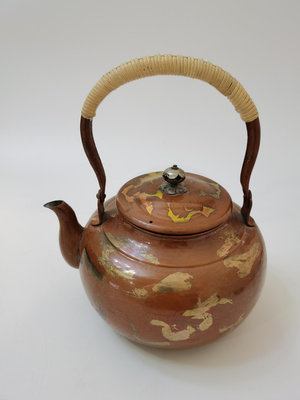 日本回流 老銅壺 昭和時期  做工精致 手工捶打紋 藤編把手22630