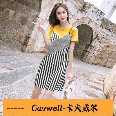 Cavwell-CE6430假兩件吊帶連衣裙女夏季新款韓版寬鬆顯瘦時尚氣質短裙子潮流行女裝連身裙子衣服休閒服-可開統編