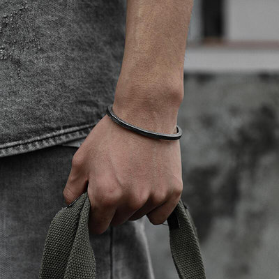 眾信優品 口力米大原創設計硅藻泥窄手鐲男純銀個性復古定製不規則開口手環SP1441