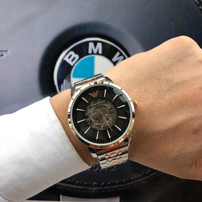 直購#現貨Armani阿瑪尼手錶男銀色鋼帶全自動鏤空腕錶防水機械男表AR1945