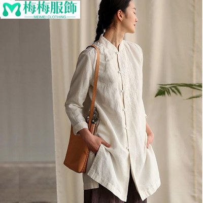 中式女上衣棉麻刺繡襯衫外套禪意茶服藝文復古棉麻襯衫中國風-梅梅服飾