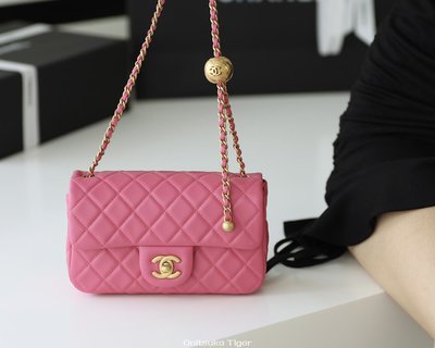 [二手]Chanel Flap Bag CF羊皮大Mini金球包 AS1787玫紅