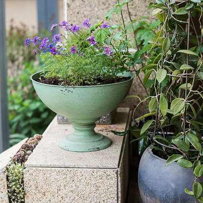 大型鐵藝高腳杯花器花盆裝飾收納復古Tiffany藍雜貨美式花園