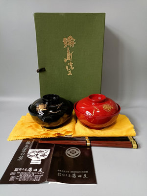 日本回流 高級漆器輪島途木胎金箔 蓋碗 筷子 各一對