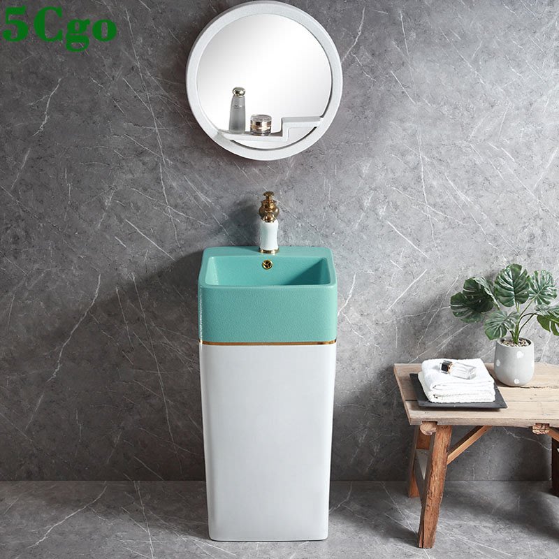 5Cgo【宅神】輕奢北歐碧綠色雙彩立柱盆落地式衛生間洗臉盆洗手台 
