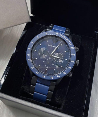 EMPORIO ARMANI 藍色錶盤 藍色陶瓷黑色不鏽鋼錶帶 石英 三眼計時 男士手錶 AR70001