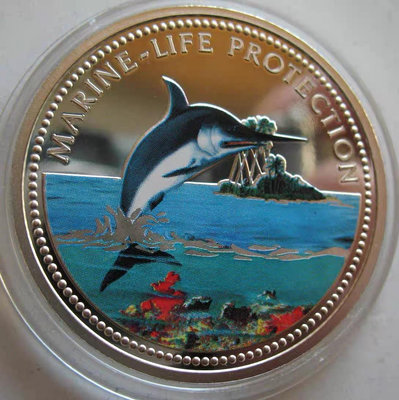 帕勞群島2000年5元精制彩色紀念銀幣 保護海洋生物金槍魚