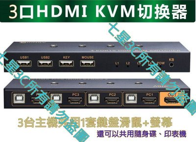 (現貨) 真4K HDMI2.0版 3進1出 三進一出 KVM 切換器 支援 @144MHZ 共用 滑鼠 鍵盤 印表機